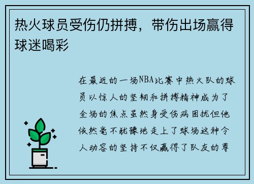热火球员受伤仍拼搏，带伤出场赢得球迷喝彩